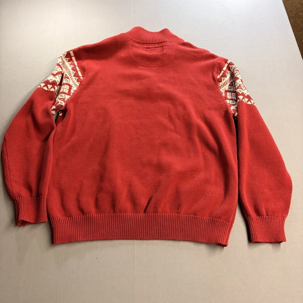 St Johns Bay Mens Large Red Fair Isle Nordic Quarter Zip Cotton Sweater